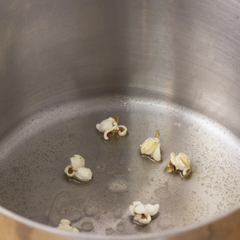 Popcorn added to big pot to be popped in coconut oil and margarine.