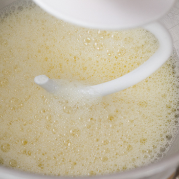 Mixing together eggs in a bowl.