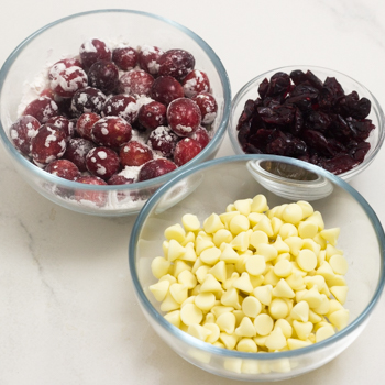 white chocolate chips, cranberries, and dried craisins