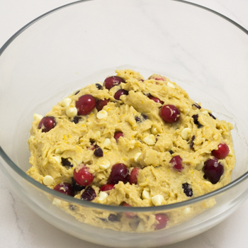 dough with cranberries and craisins, and white chocolate chips